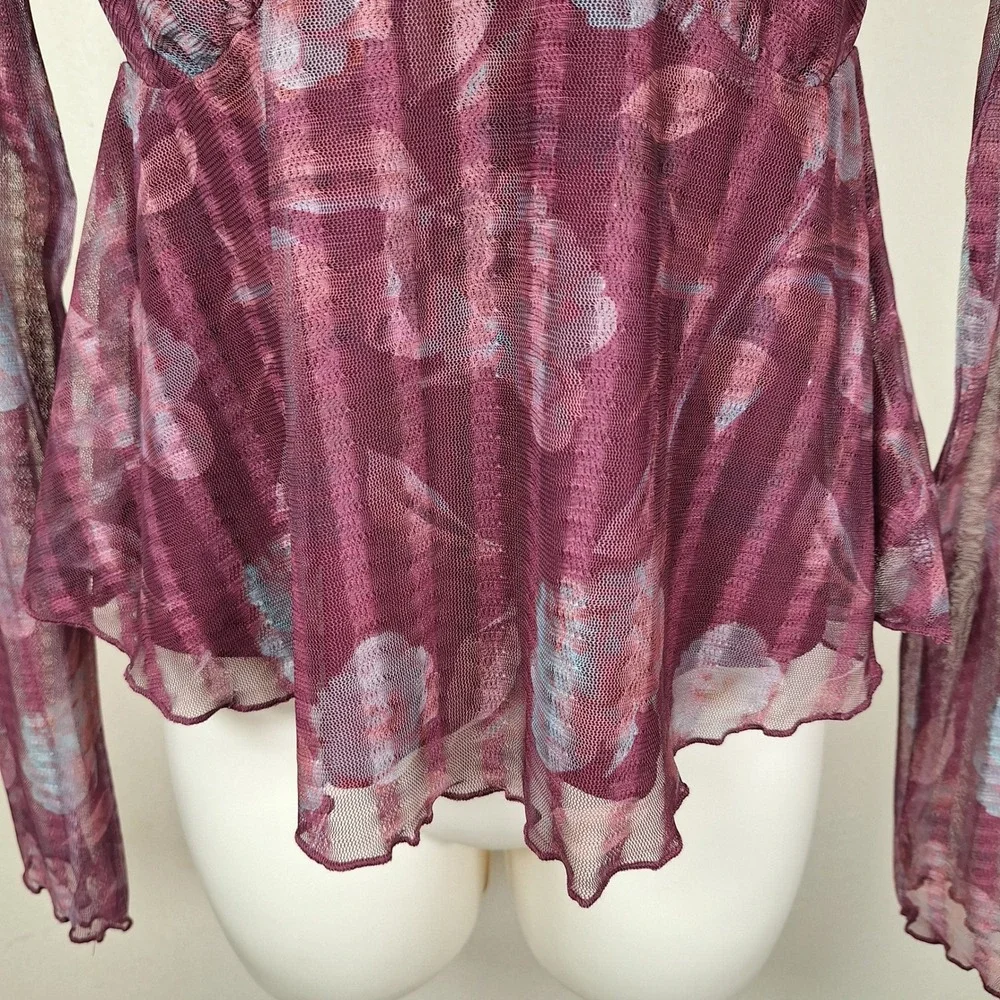 Y2K Babydoll Sheer Mesh Fairy Grunge Whimsi Flowy Floral Top Long Sleeve Small